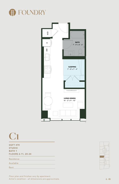 Floor plan for studio, 1 bath, 470 sqft